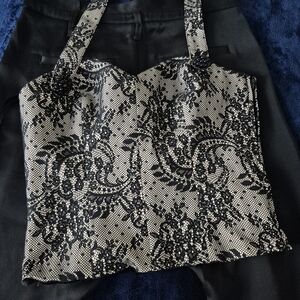 Bebe Black and Cream Lace Detail Top